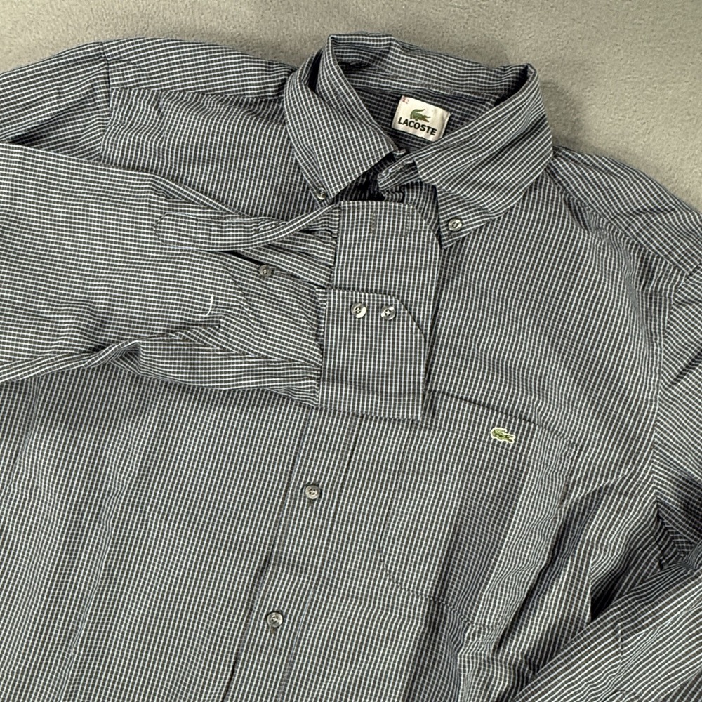 Lacoste Check Pattern Lightweight Button Down Shirt FR 42 Dark Gray US Large